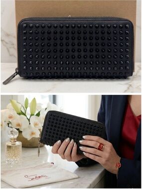 Christian Louboutin Panettone Spiked Zip Wallet Black Leather Red Sole Authentic